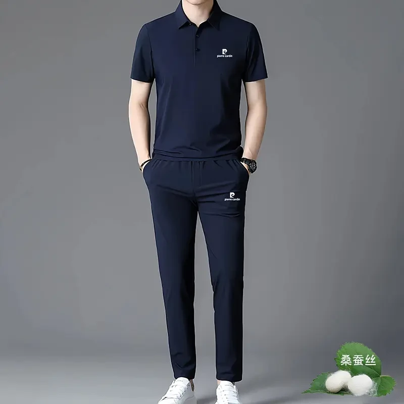 皮尔卡丹男士夏季短袖裤子两件套翻领休闲运动宽松透气套装