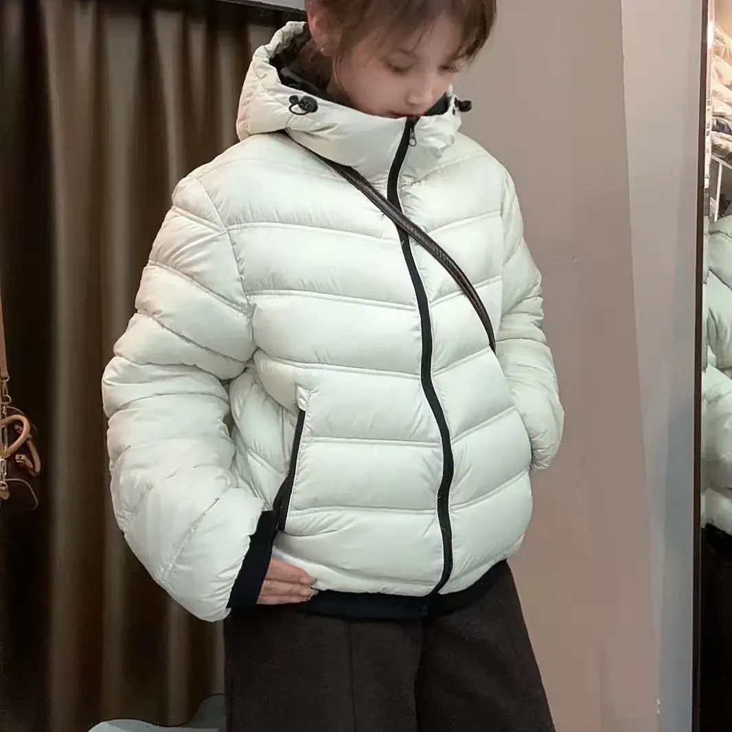 A15#韩版撞色连帽排骨女冬季加厚白鸭绒休闲外套新款