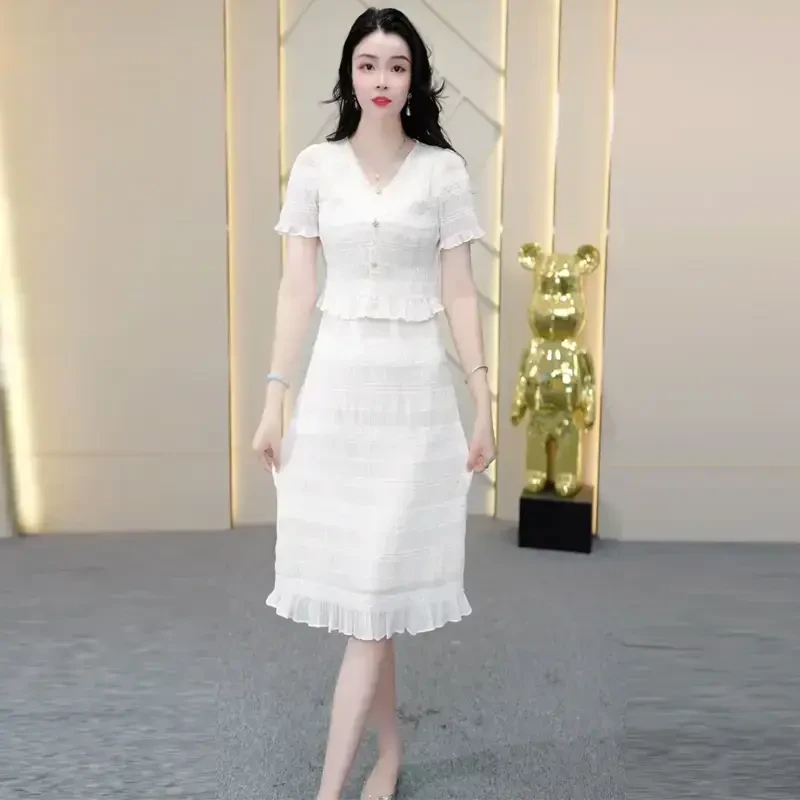 【加肥加大300斤】欧洲站百搭V领长裙女夏季洋气蕾丝拼接显瘦连衣裙