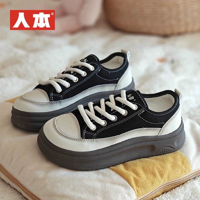 人本春季新款低帮厚底松糕帆布鞋女休闲板鞋透气学生韩版38081