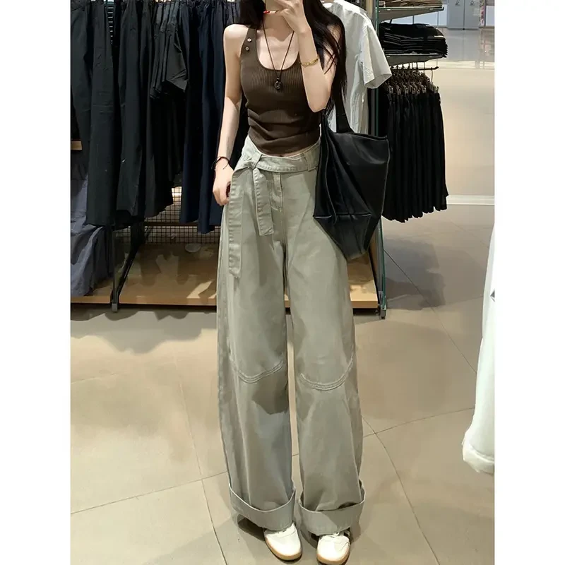 设计感飘带休闲阔腿牛仔裤女2025夏季新款高腰宽松显瘦垂感拖地裤