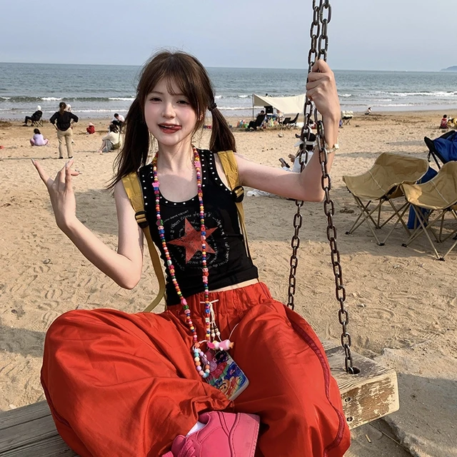 GTGA美式复古星星印花圆钉镶边设计感吊带背心女2025夏季新款上衣