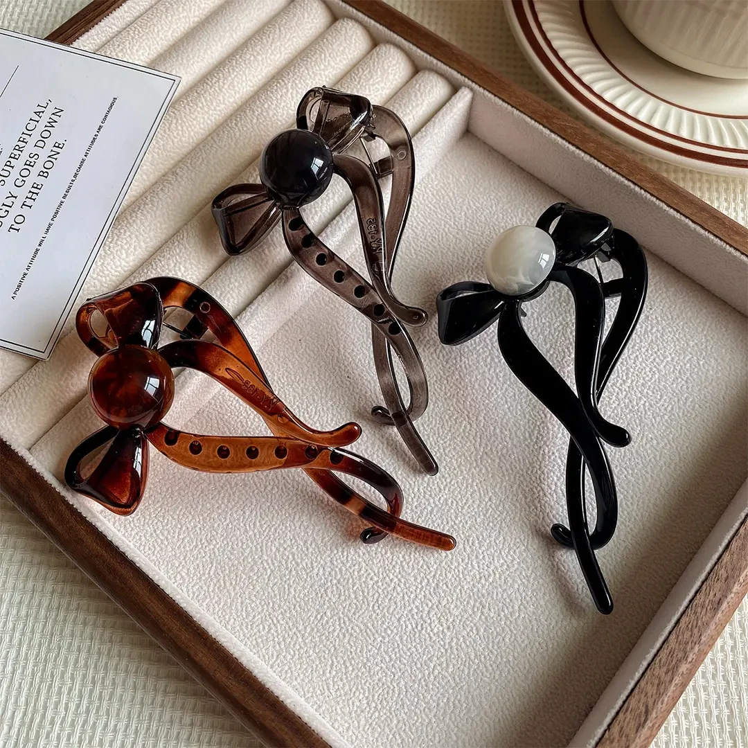 B-025复古百搭咖色珍珠一字抓夹女新款高级感扭扭发夹后脑勺