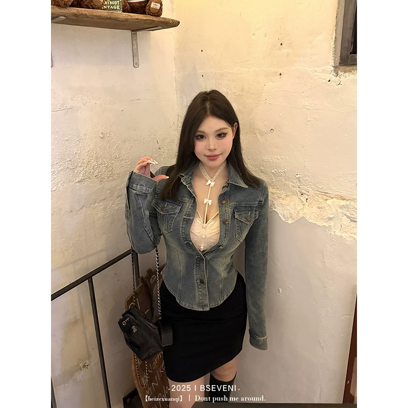 黑泽玄七「Denim掐腰天花板」短款牛仔套装秋冬收腰版重工洗水掐腰