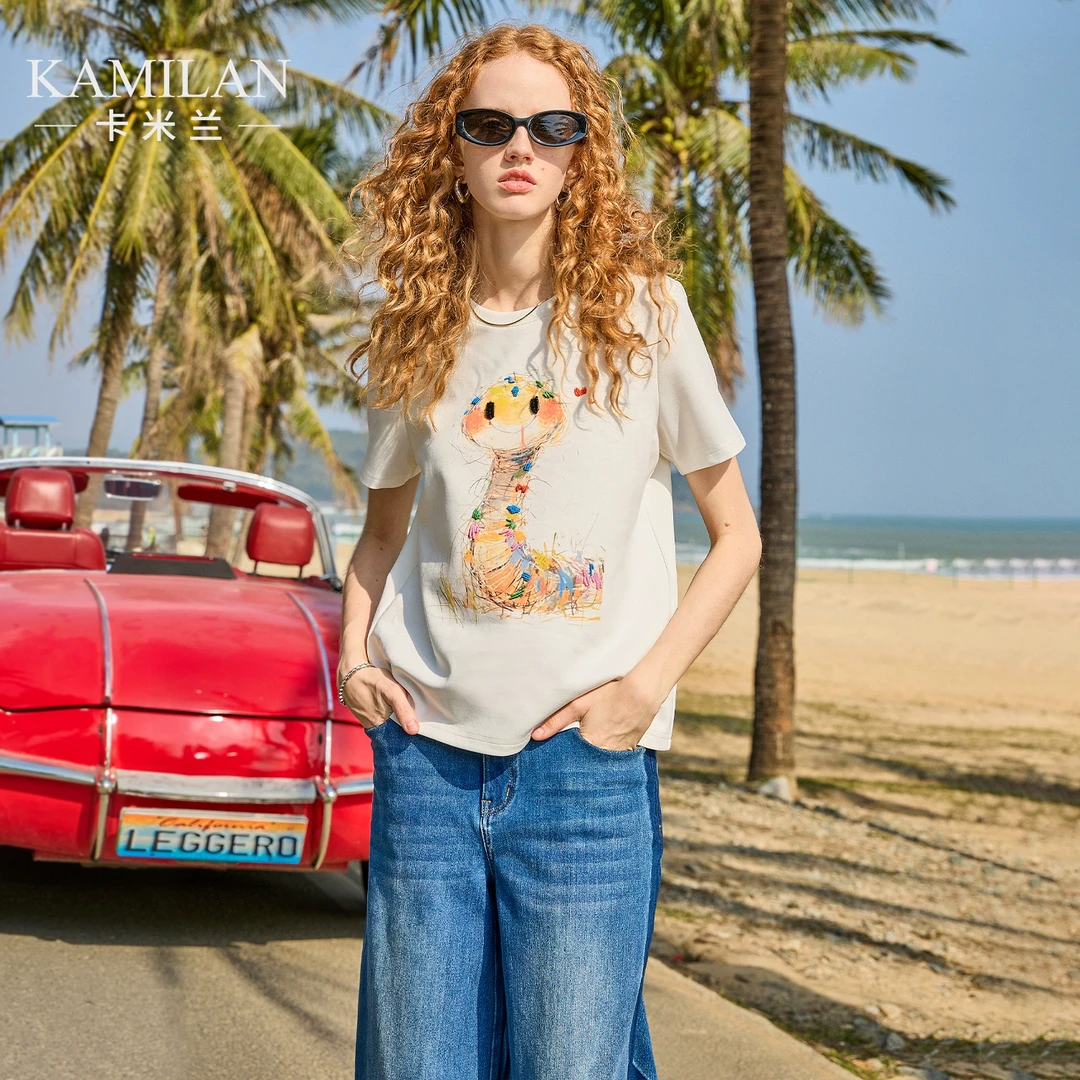 卡米兰独特别致卡通短袖T恤女2025春夏新款洋气钉珠印花上衣内搭