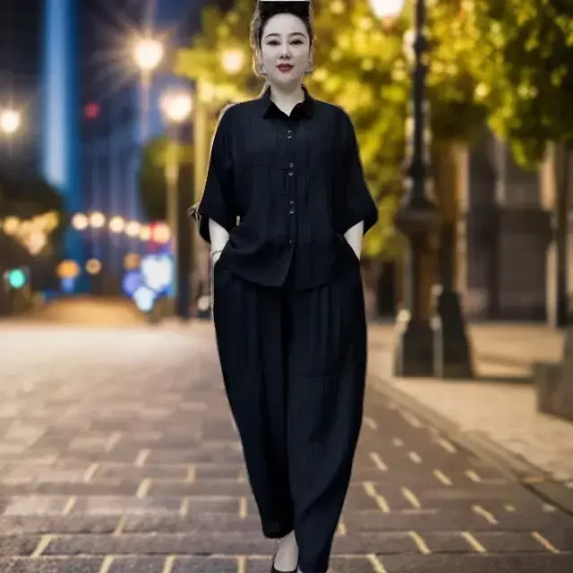 胖mm夏季爆款蝙蝠袖上衣冰爽新款宽松休闲哈伦裤子套装轻薄特大码