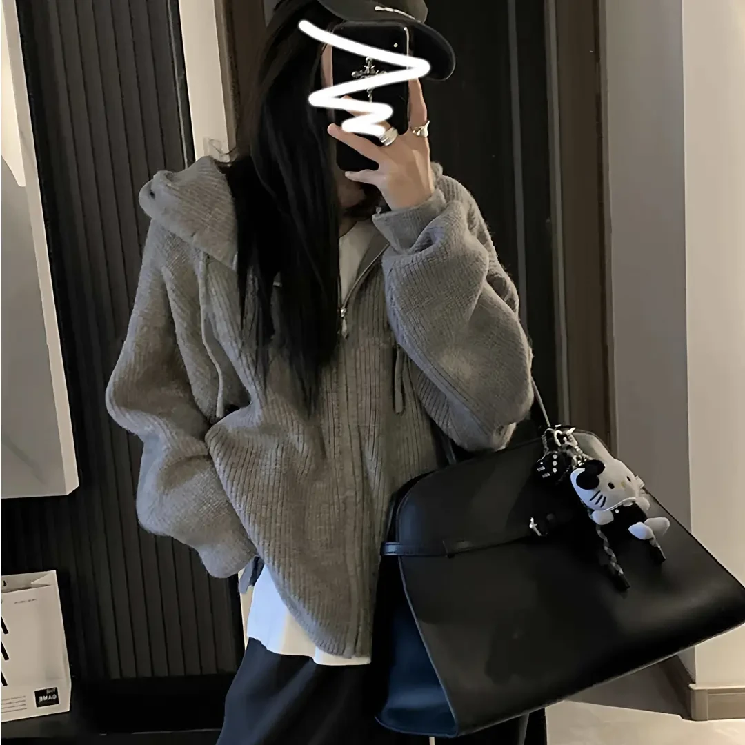 韩系连帽拉链毛衣女秋冬2025新款内搭慵懒高级感针织开衫卫衣外套