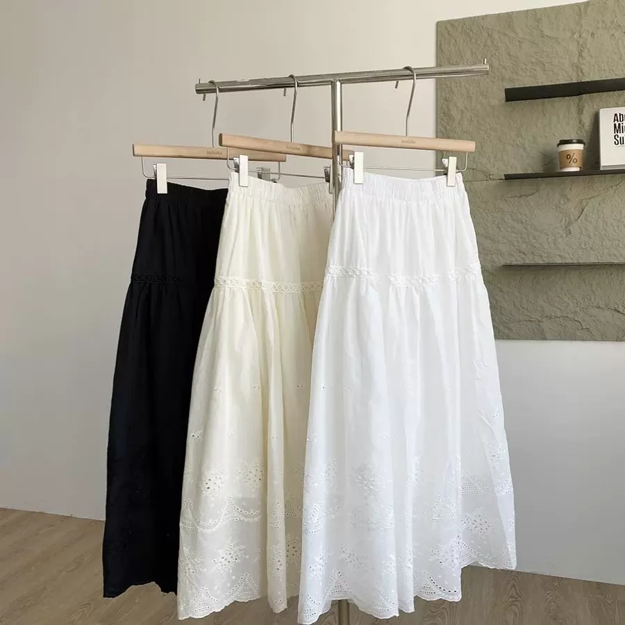 松紧腰甜美韩系A字裙女2025年春夏新品小清新减龄百搭钩花半身裙