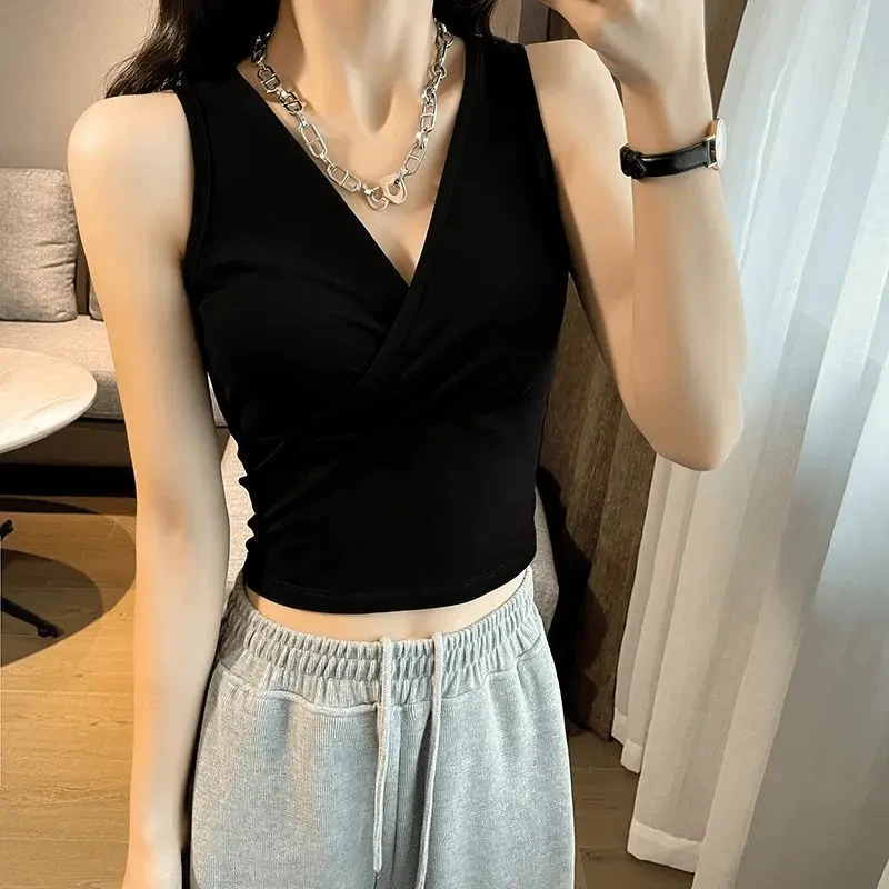 莫代尔棉修身V领吊带背心女内搭春夏设计感外穿短款无袖打底上衣