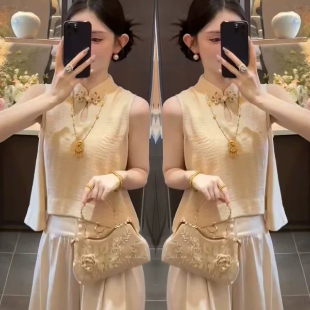 新中式国风套装女2025夏季新款宽松复古盘扣短袖上衣+高腰阔腿裤