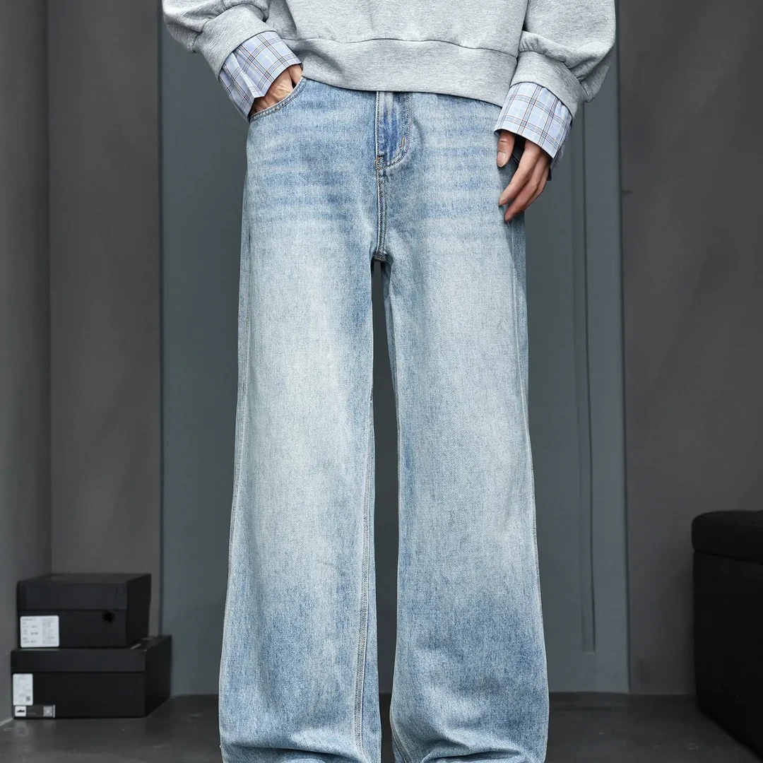 牛仔裤男直筒宽松高腰男裤阔腿裤春秋款男士裤子爸爸休闲长裤