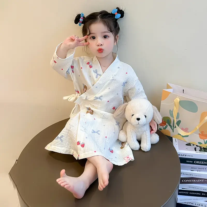 浴巾夏天宝宝卡通浴袍儿童七分睡衣开衫公主女童家居服睡袍睡裙Z