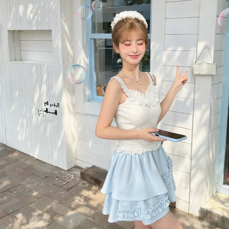 森女部落原创甜美风蕾丝小花边修身小吊带女2025春季新款