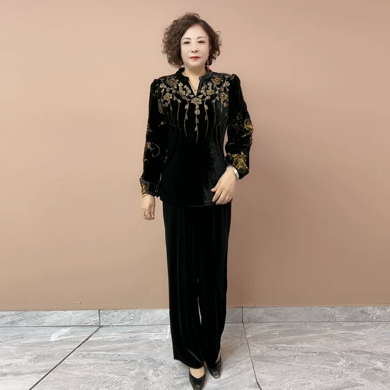 2589妈妈丝绒烫钻小衫秋季新款时尚大码遮肚显瘦上衣阔腿裤两件套