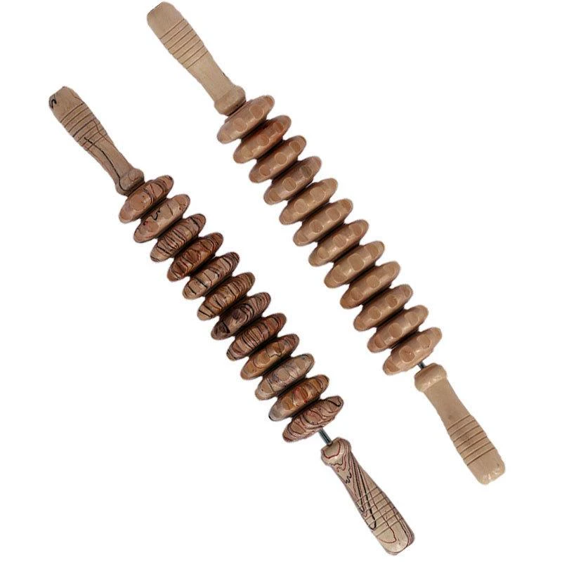 新款木质弯柄经络按摩器 12轮肚摩花色白色滚轮棒肚子全身按摩器