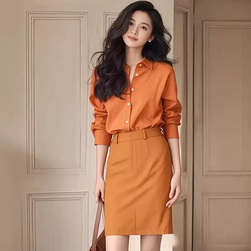 落日橘polo领长袖衬衫衬衣女2024新款早秋季多巴胺韩系氛围感上衣