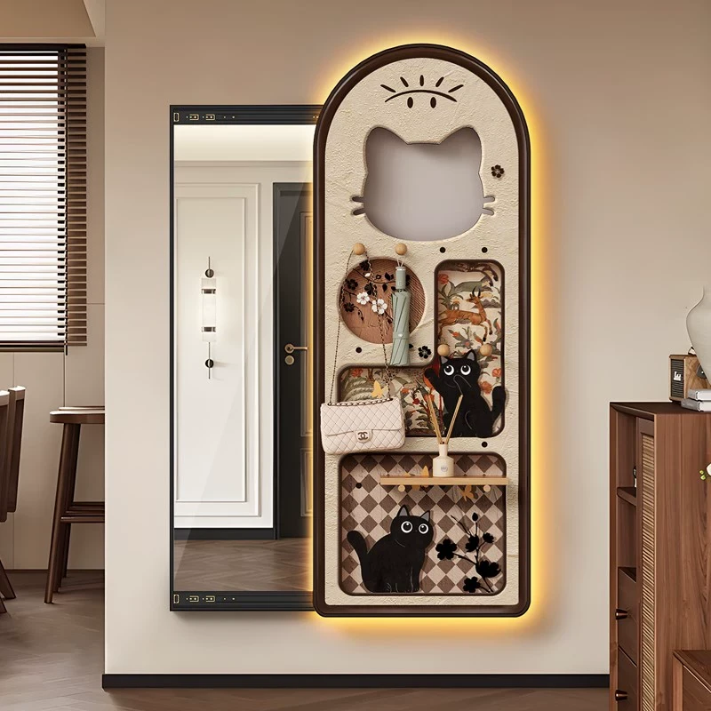 中古风玄关洞洞板穿衣镜隐藏式全身镜推拉镜法式猫咪暗藏式镜子画
