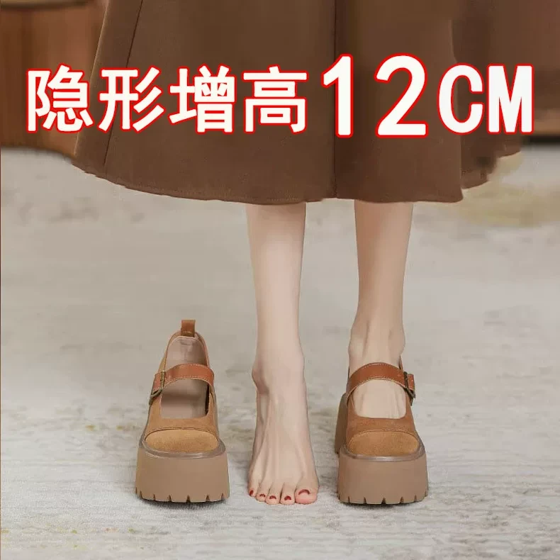 12cm复古玛丽珍女鞋真皮2025新款小个子内增高香风单鞋超厚底勃肯