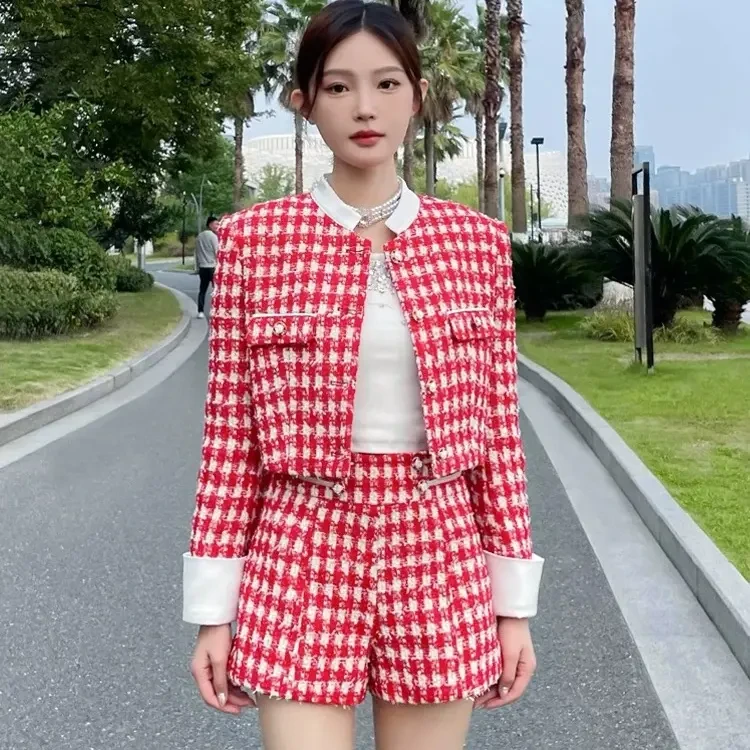 红白千鸟格马术服套装女 春秋小香风设计感复古粗花呢短裤两件套