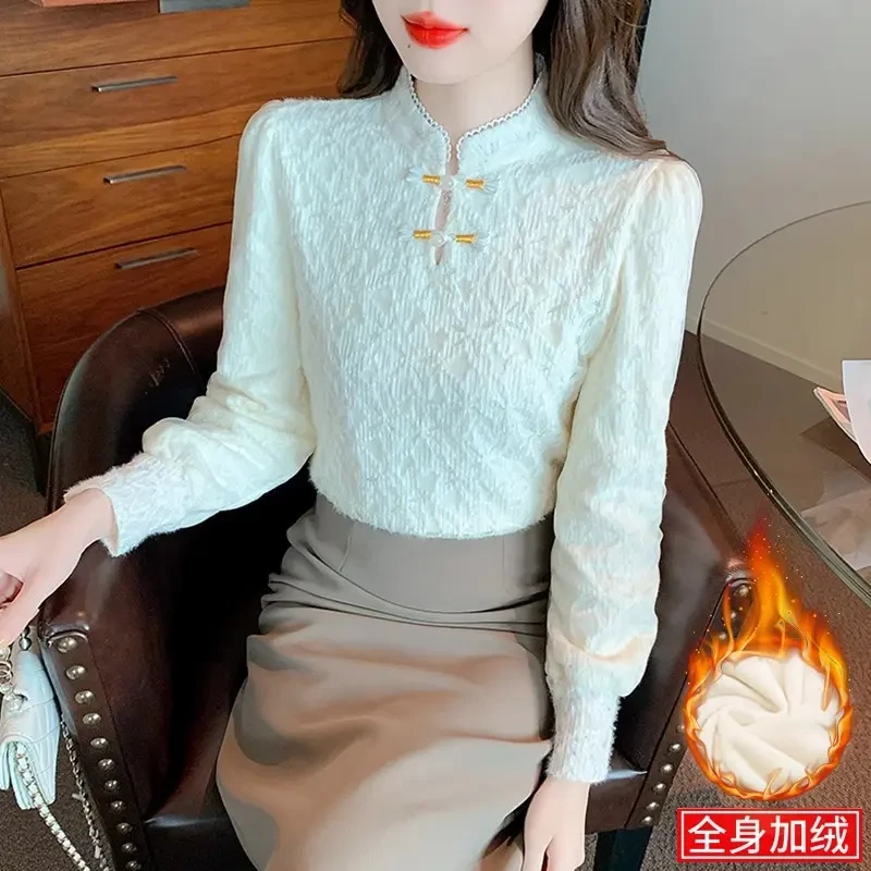 国风盘扣加绒蕾丝打底衫女秋冬2024新款洋气时尚保暖内搭长袖小衫