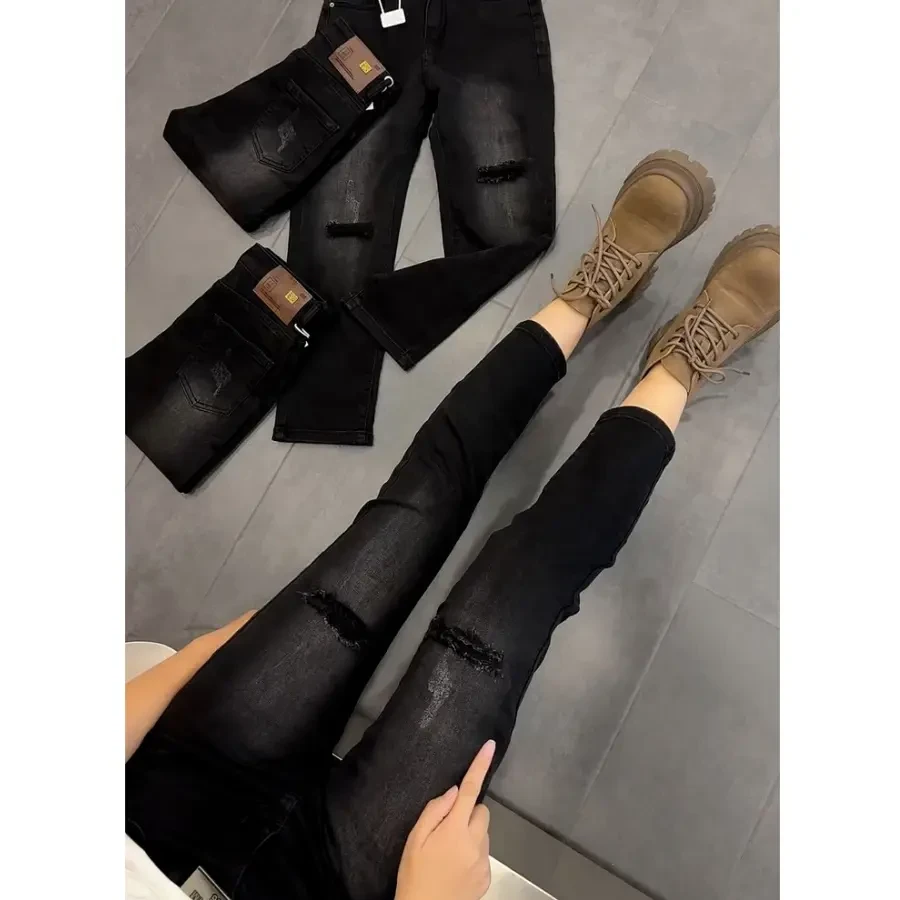 秋季黑灰假破洞直筒牛仔裤女新款大码胖mm修身弹力显瘦九分烟管裤