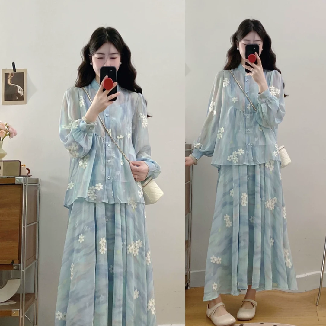 高级感花朵刺绣衬衫半身裙两件套女春季大码胖mm时尚气质显瘦套装