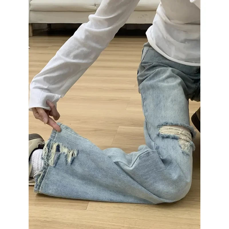 破洞薄款高腰阔腿牛仔裤女2025春夏季新款小众设计感显瘦拖地裤子