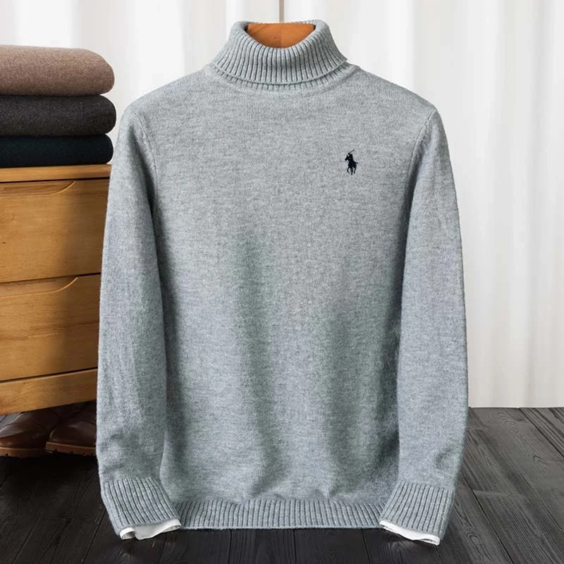 高翻领帅气必入 万针刺绣男士加厚高端长袖针织打底保暖修身毛衣