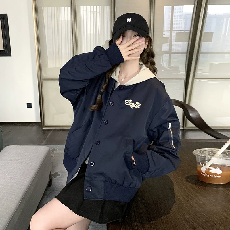 藏青色假两件连帽棒球服工装外套女春季学院风美式韩系超好看独特