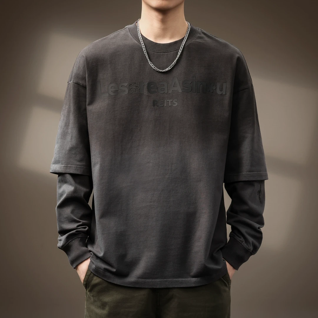 高端美式复古假两件渐变T恤男秋季新款潮牌水洗街头休闲长袖体恤