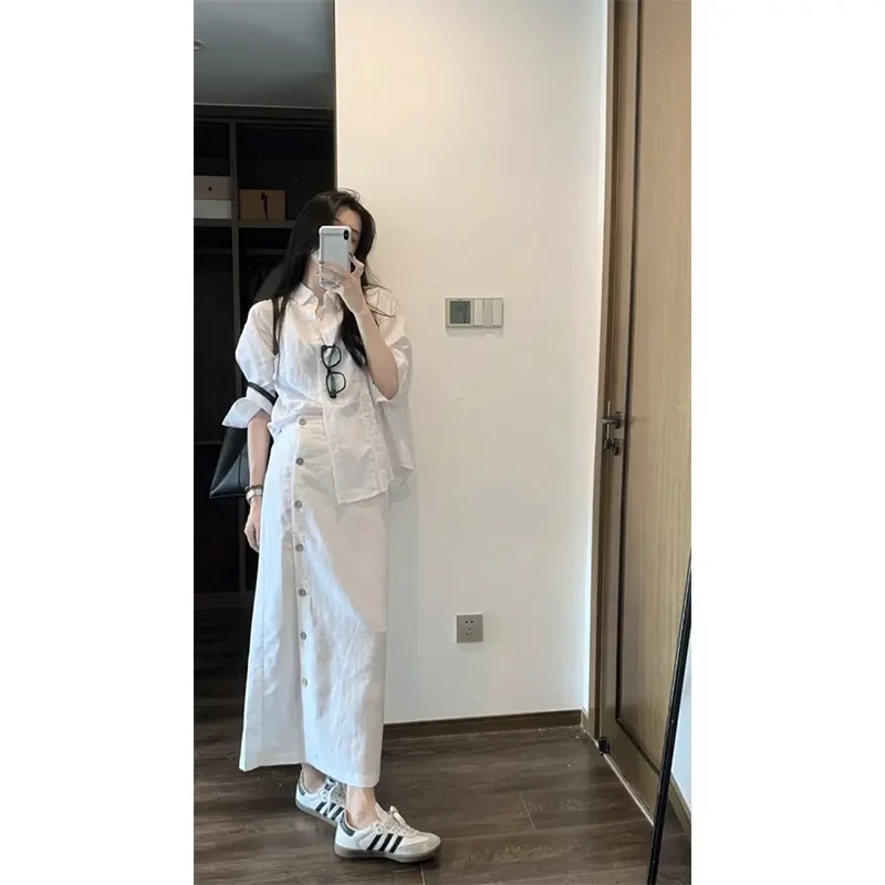 宽松法式女装白色衬衫上衣女韩系大气轻熟风女装单排扣A字半身裙
