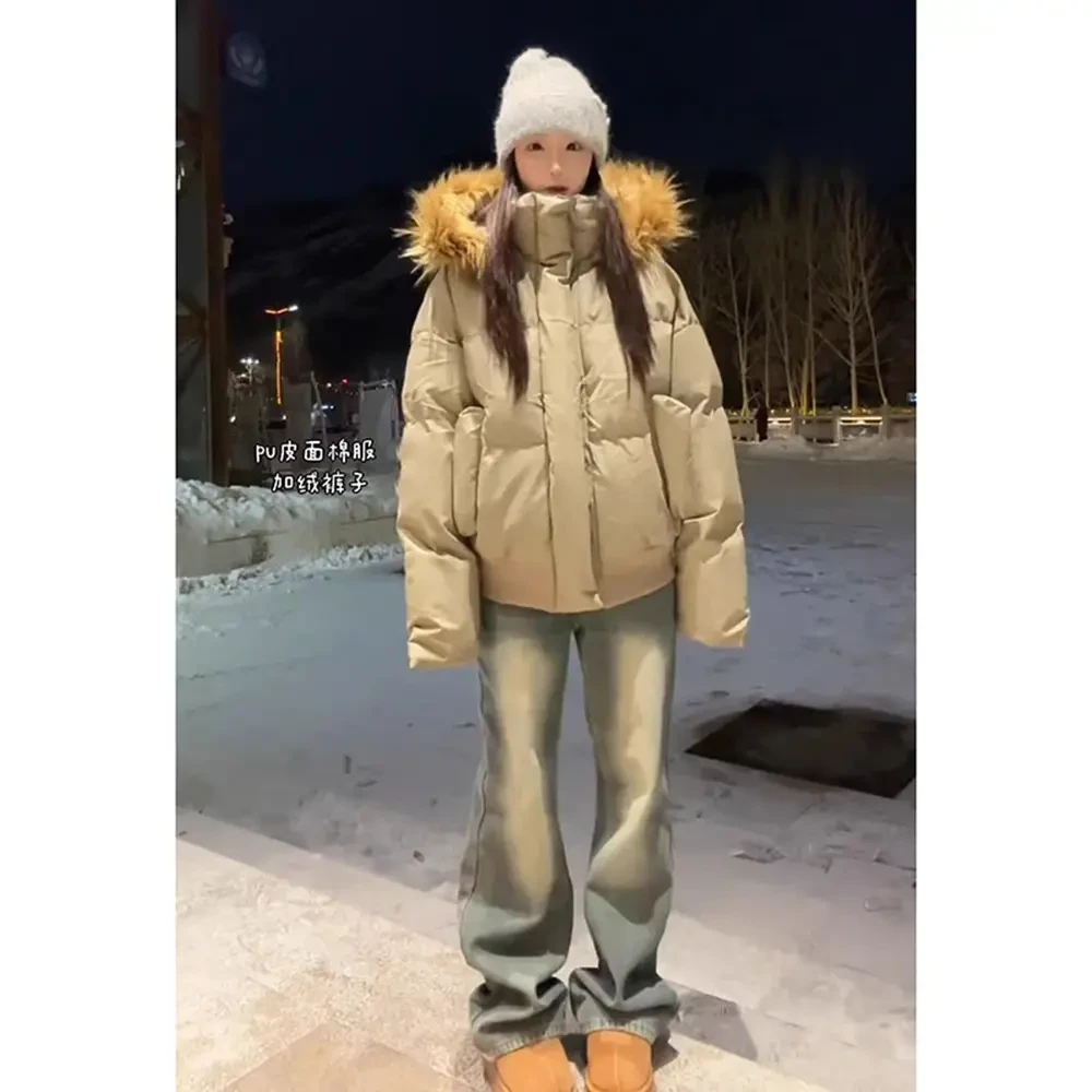 可拆卸毛领pu皮连帽棉服棉衣外套男冬季美式潮牌面包服情侣棉袄子