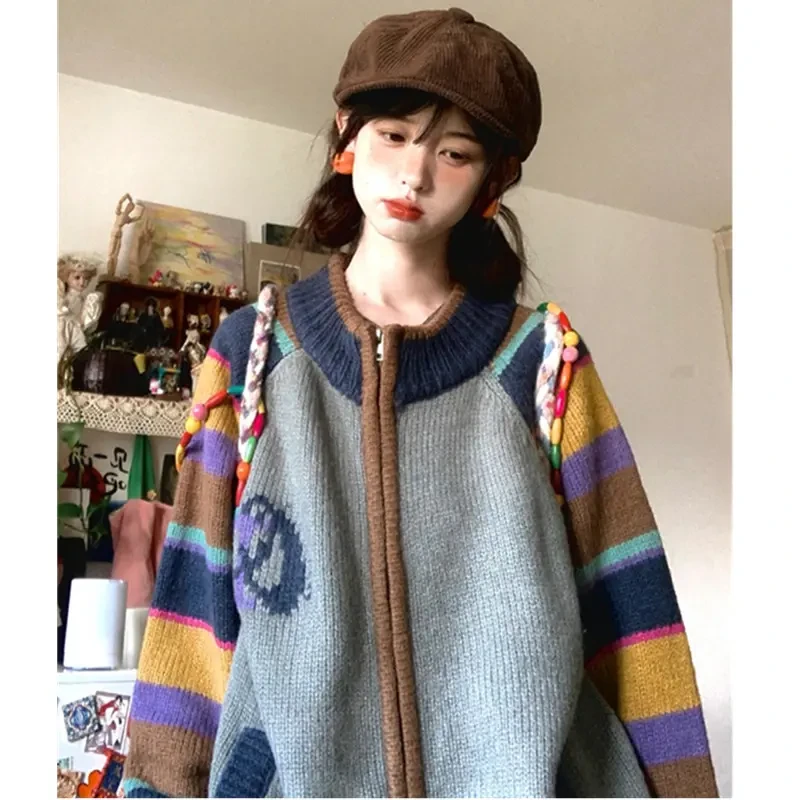 复古撞色毛衣女慵懒风新款拉链针织开衫设计感宽松上衣外套女外穿