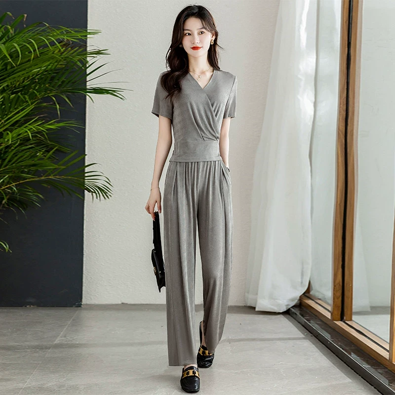 春夏v领短袖韩版上衣直筒显瘦套装女时尚妈妈洋气气质休闲夏季