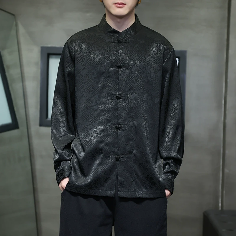 唐装男高级感锦缎长袖衬衫春季中国风提花唐装汉服宽松垂坠感衬衣