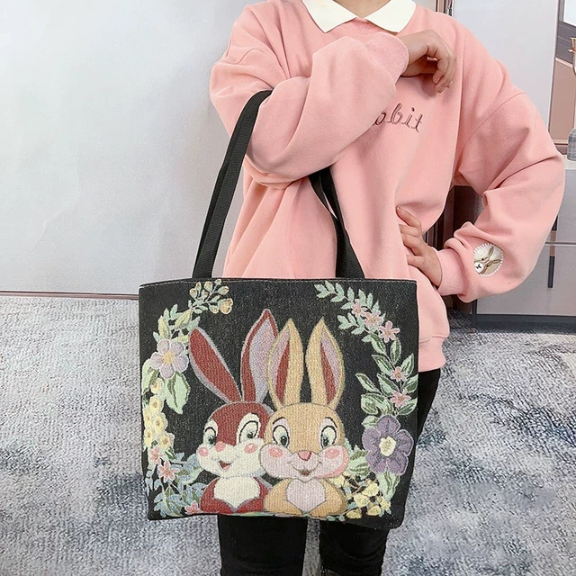 时尚卡通兔子包帆布手提袋大容量拎书袋初中学生高中补习单肩包女