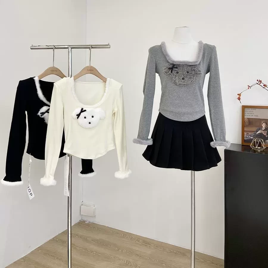 U领纯欲韩系减龄长袖T恤女2025年早春新品ins风立体小狗修身上衣