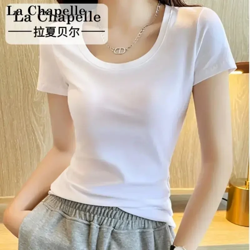 拉夏贝尔棉质纯色短袖T恤女2025夏季新款洋气修身显瘦纯色圆领T恤