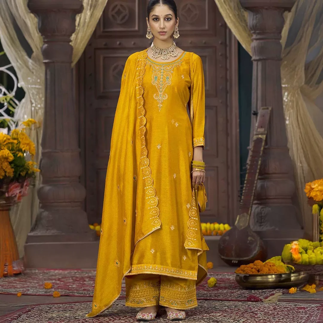 Kvs印度异域风情三件套丝混纺黄色金线重工刺绣七分袖长款薄款女