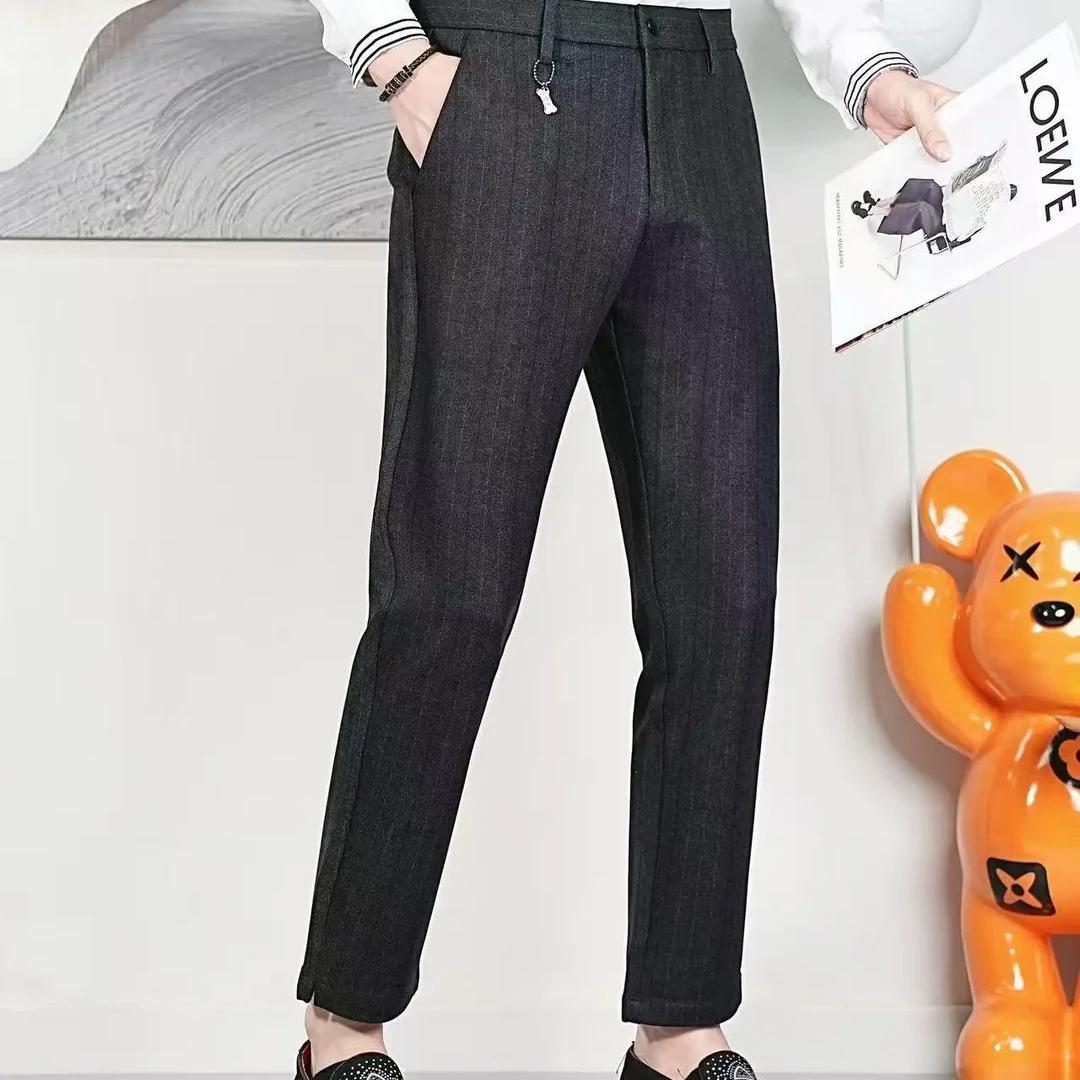 秋冬新款男士竖纹提花休闲九分休闲裤