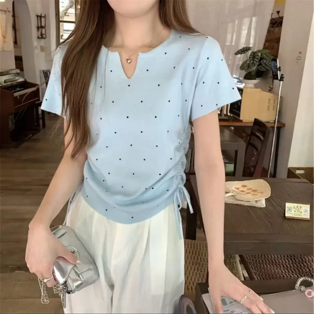 小众设计感波点半开领针织短袖夏季大码抽绳高级感遮肉上衣D610