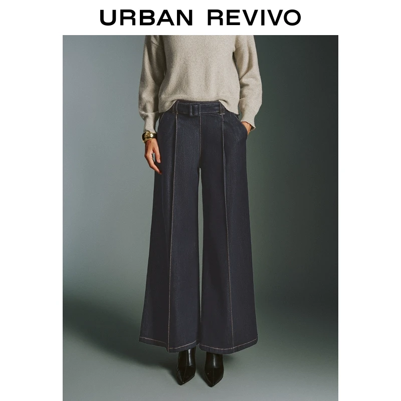 UR2025春季新品女欧若风时尚复古腰带饰阔腿牛仔长裤UWG850017