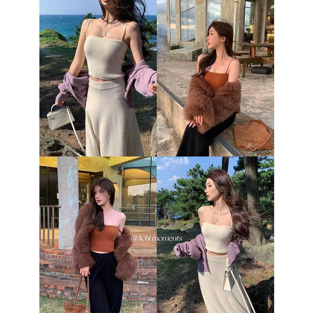 大也池△白色一字领针织吊带背心女短款紧身菠萝纹性感内搭上衣