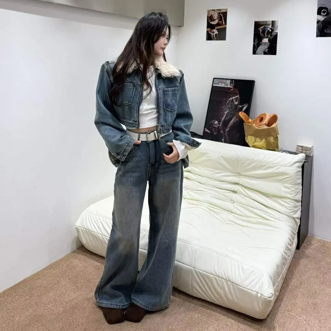 水洗美式复古牛仔套装女秋冬磨白阔腿休闲套装