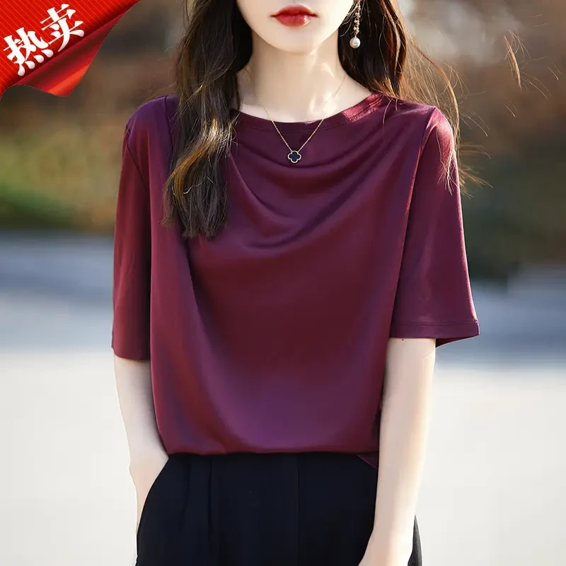 哥弟阿玛施正一字领褶皱高级垂感短袖T恤上衣桑蚕丝气质女薄款