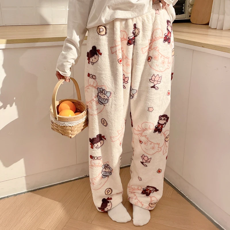 冬季卡通法兰绒长裤女家居裤加厚宽松居家睡裤裤子保暖加绒无弹力