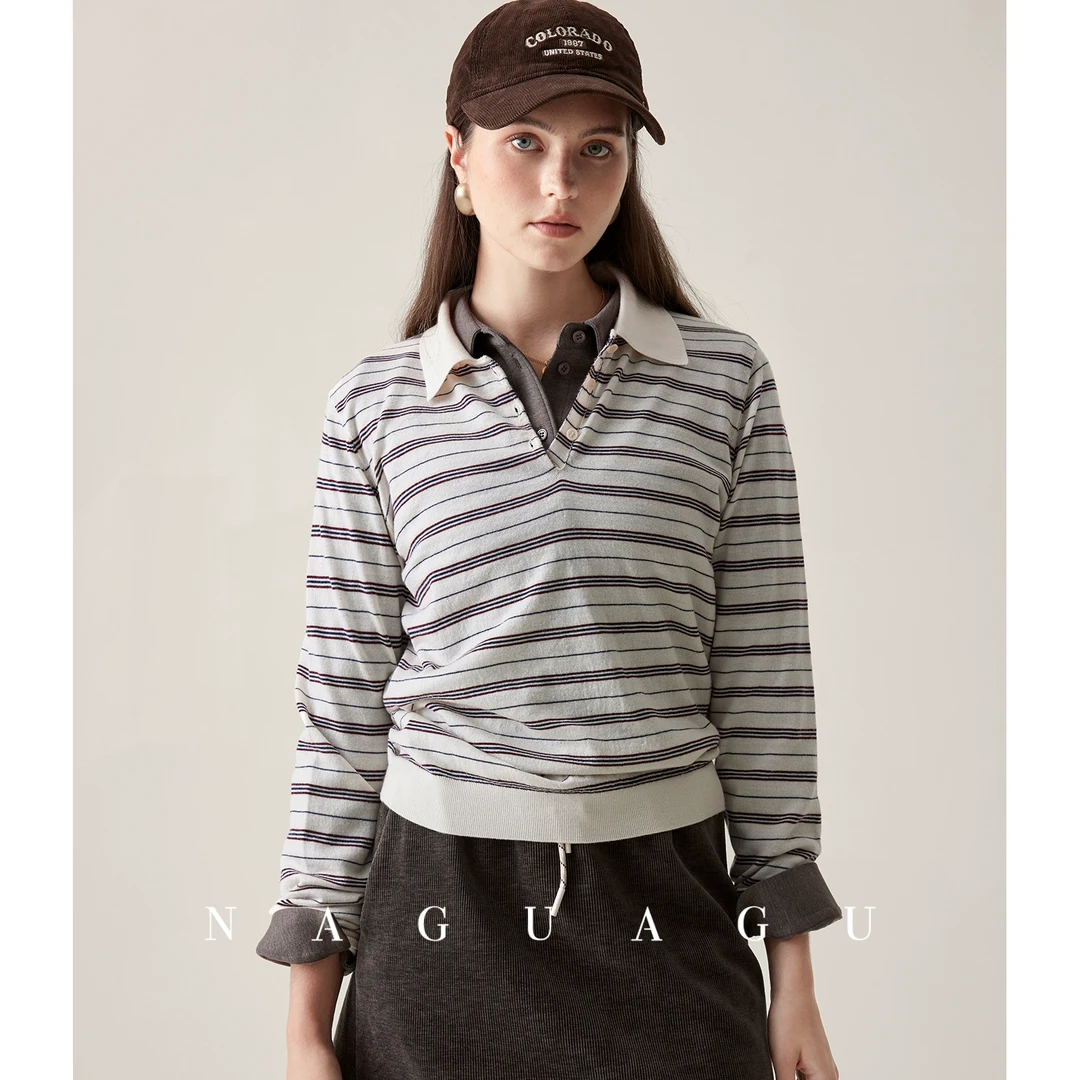 【马德里条纹针织】法式条纹撞色翻领polo羊毛针织气质上衣女