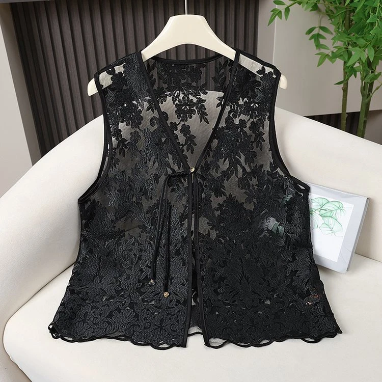 夏季V领女马夹国风刺绣马甲外搭镂空蕾丝马甲外穿上衣