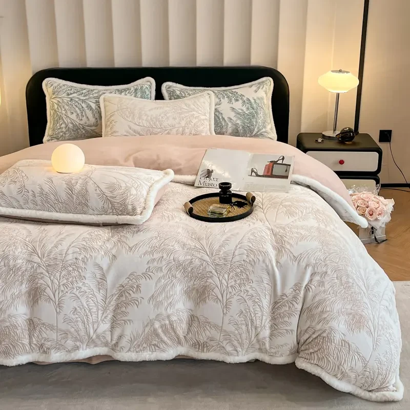 6D轻奢立体雕花牛奶绒四件套保暖毛绒双面绒床单被罩床上用品