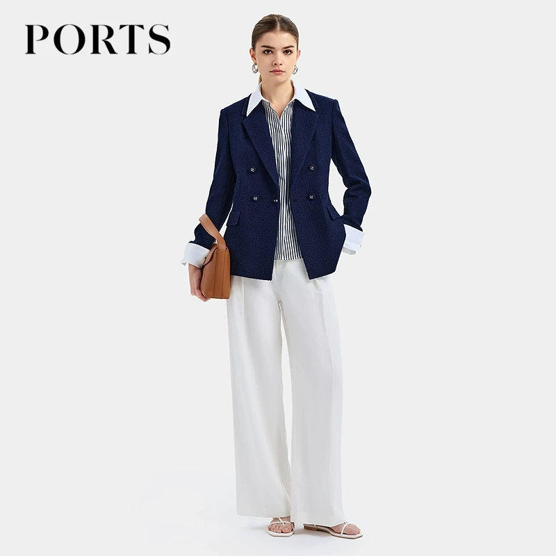 PORTS宝姿女装春夏新款百搭袋盖设计深墨紫双排扣花呢夹克女